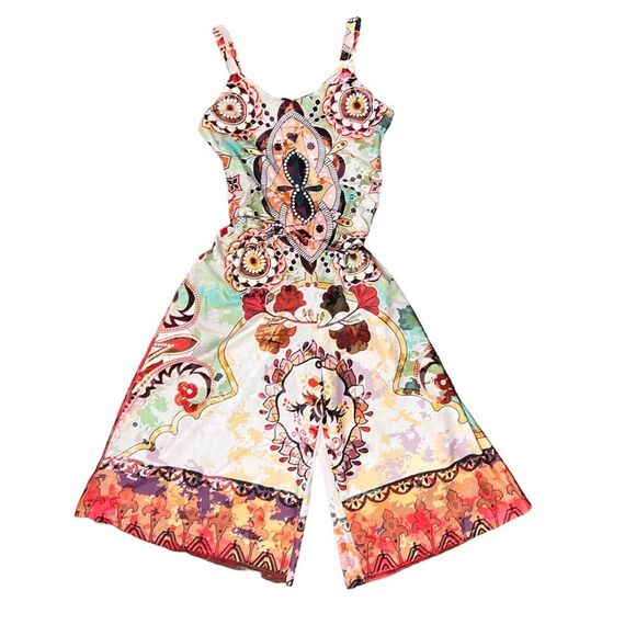 Bohemian oversized Colorful Boho Print Wide leg Romper with Waist Tie Size M/L - Picture 1 of 10